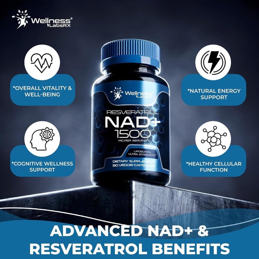 NAD Supplement, 1500mg - Liposomal NAD+ Supplement with Resveratrol, Nad Plus Boosting Supplement - Support Cellular Health, Stamina & Healthy Aging - Ultra Strength Capsules, USA Made