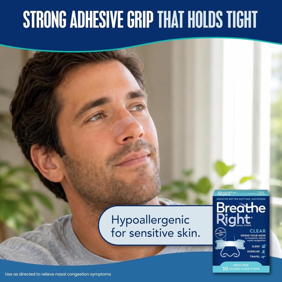Breathe Right Original Nasal Strips Clear Sm/Med For Sensitive SkinDrug-Free Snoring Solution & Nasal Congestion Relief Caused by Colds & Allergies 30 ct (Packaging May Vary)
