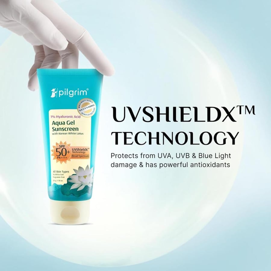 Pilgrim 1% Hyaluronic Acid Sunscreen Gel | Sunscreen SPF 50 +++ for men and women with Korean White Lotus | Broad spectrum, Non-greasy, No white cast & Prevents Tanning | All skin types | 50 gm