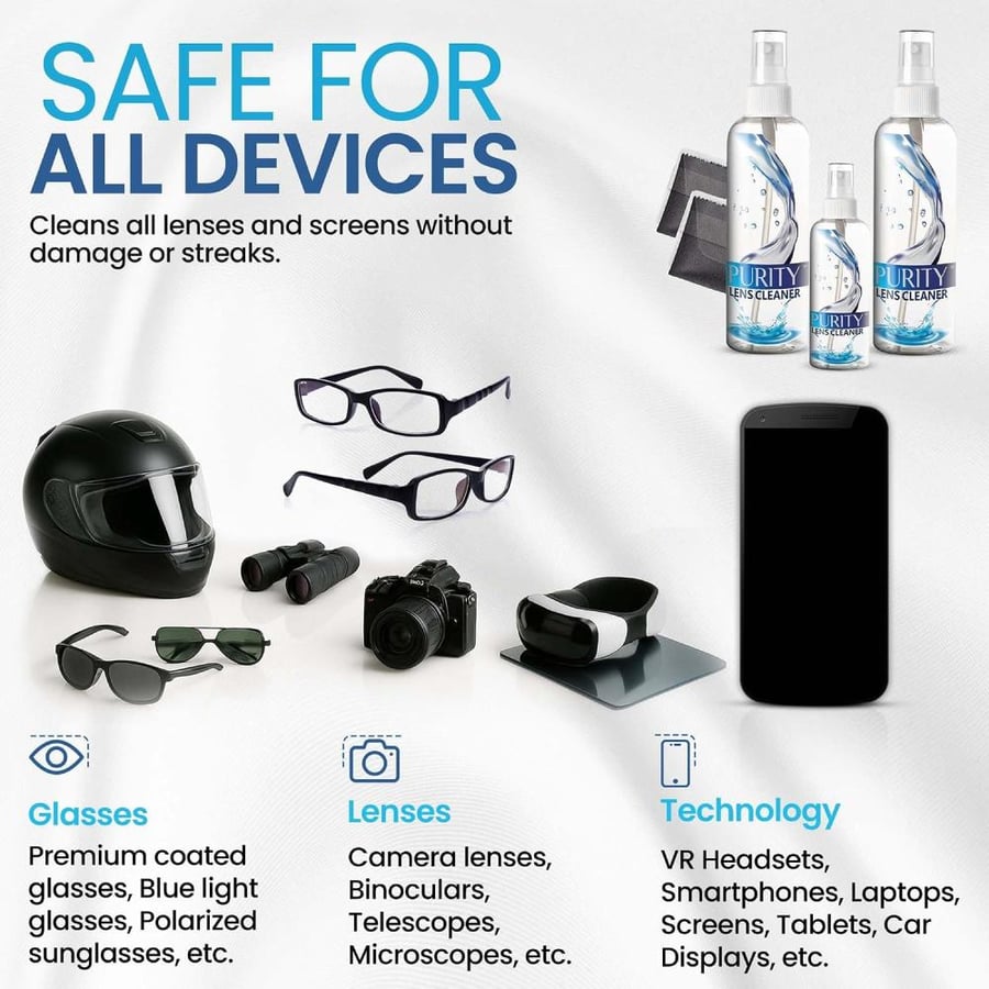 Purity Lens Cleaner Eyeglass Kit - 2 x 8oz and 1 x 2oz Spray Bottle + 2 Microfiber Cleaning Cloths - Safe for All es (AR Coated Included), Eyeglasses and Screens - Clear
