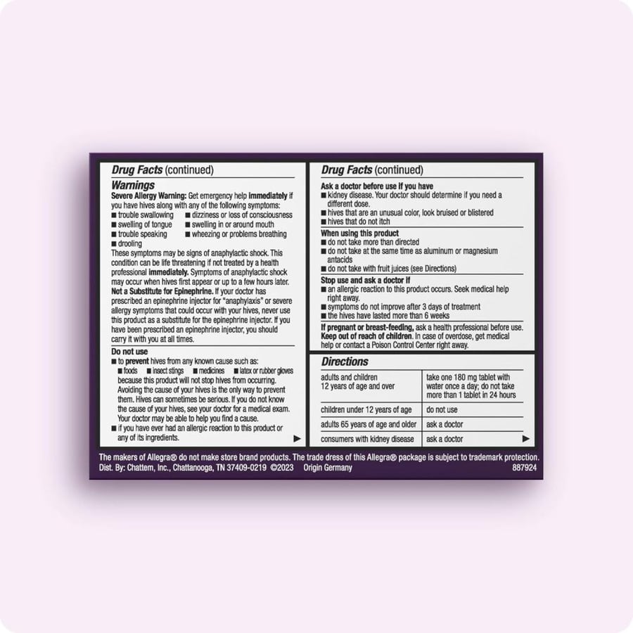 Allegra Hives Non-Drowsy Antihistamine Tablets, 30-Count, 24HR Hives Reduction & Itch Relief, 180mg