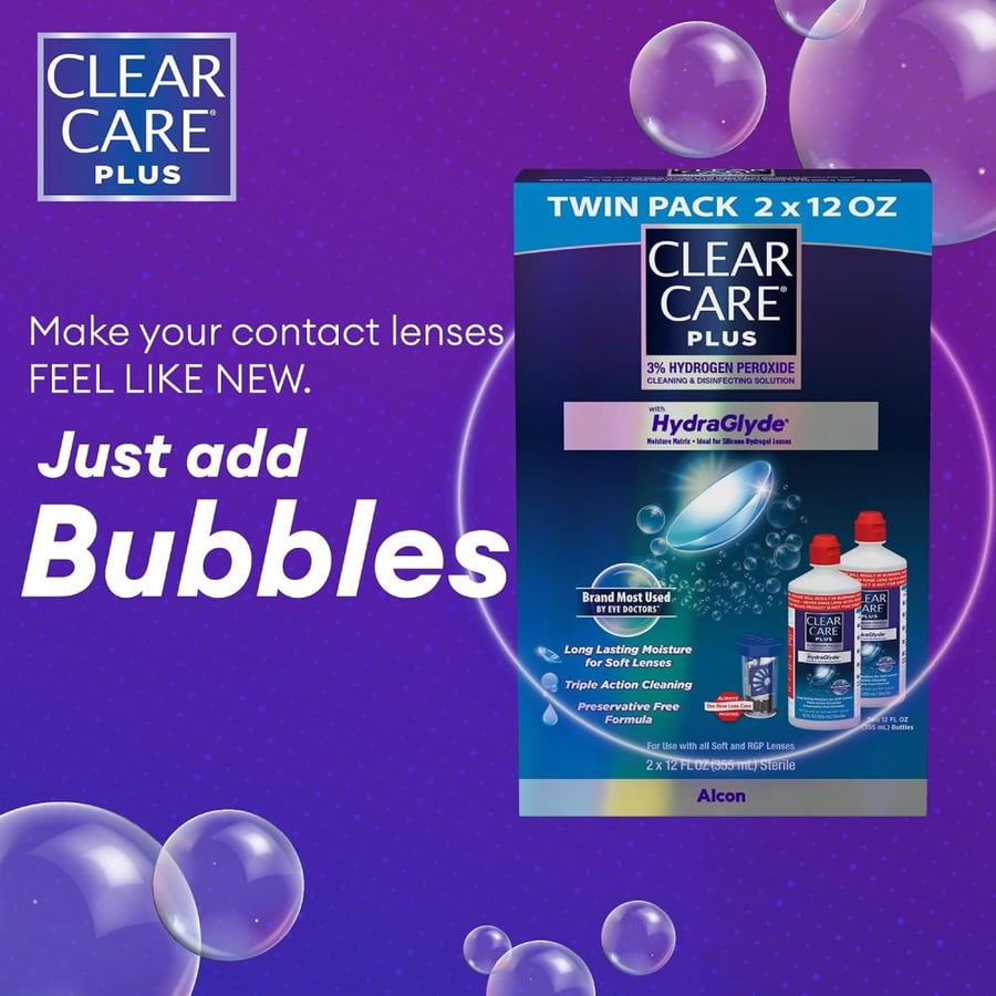 محلول Clear Care Plus لتنظيف العدسات اللاصقة مع علبة العدسات، 12 أونصة، عبوتان