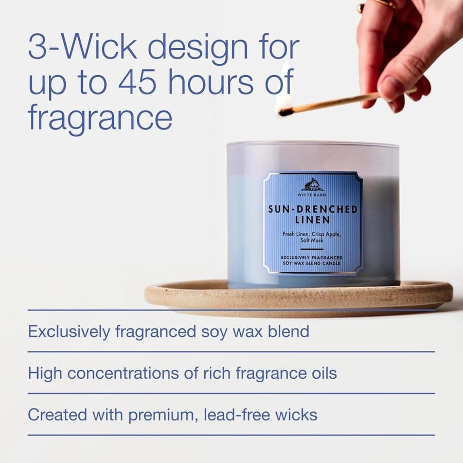 Bath & Body Works, White Barn 3-Wick Candle w/Essential Oils - 14.5 oz - New Core Scents! (Sundrenched Linen)