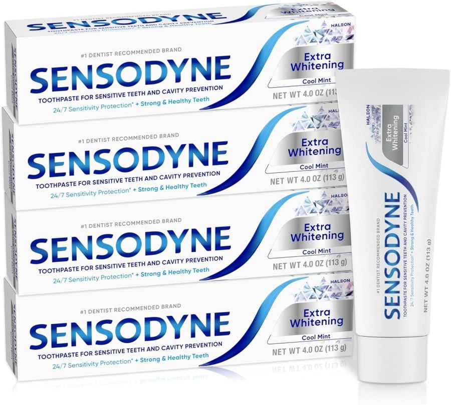 Sensodyne Extra Whitening Sensitive Teeth and Cavity Prevention Whitening Toothpaste, Amazon Exclusive, Cool Mint, Amazon Exclusive- 4 Ounces (Pack of 4)