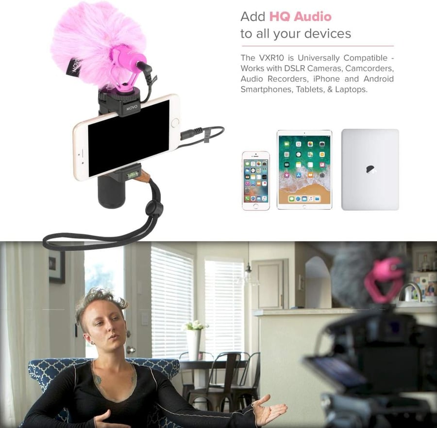 Movo VXR10 Universal Video Microphone with Shock Mount, Deadcat Windscreen, Case for iPhone, Android Smartphones, Canon EOS, Nikon DSLR Cameras and Camcorders (Pink Breast Cancer Awareness Edition)