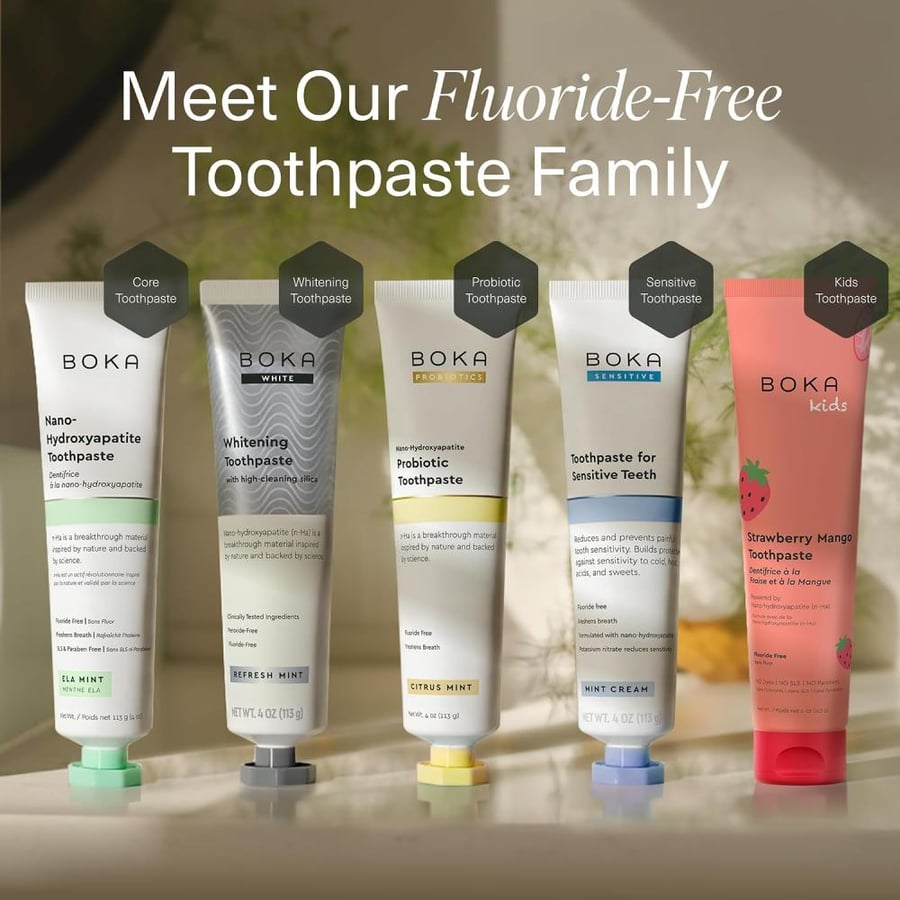 Boka Fluoride Free Toothpaste - Nano Hydroxyapatite, Remineralizing, Sensitive Teeth, Whitening - Dentist Recommended for Adult, Kids Oral Care - Refresh Mint Flavor, 4 Fl Oz 1Pk