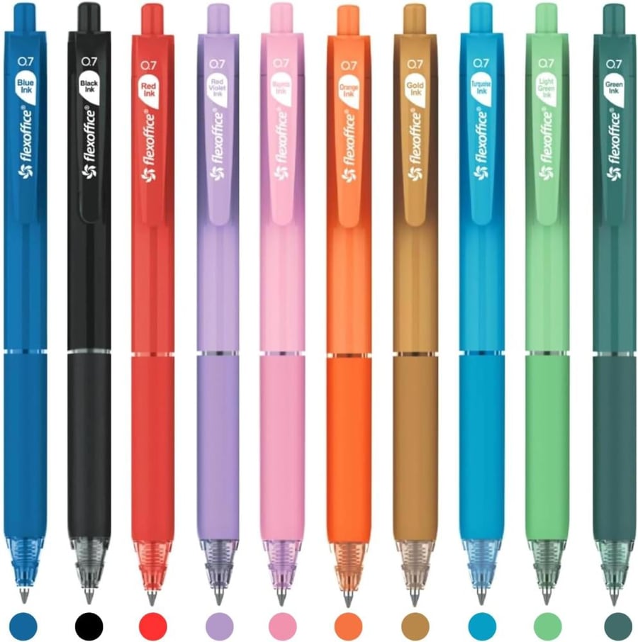 FLEXOFFICE 10 Assorted Ink Color Ballpoint Pens - Medium Point 0.7mm