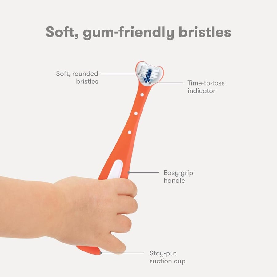 Frida Baby Triple-Angle Toothhugger: Toddler Training Toothbrush, Toddler Toothbrush 2 Years and Up, Cleans All Sides at Once, Toddler Stocking Stuffers - 2 Pack (Pink + Blue)
