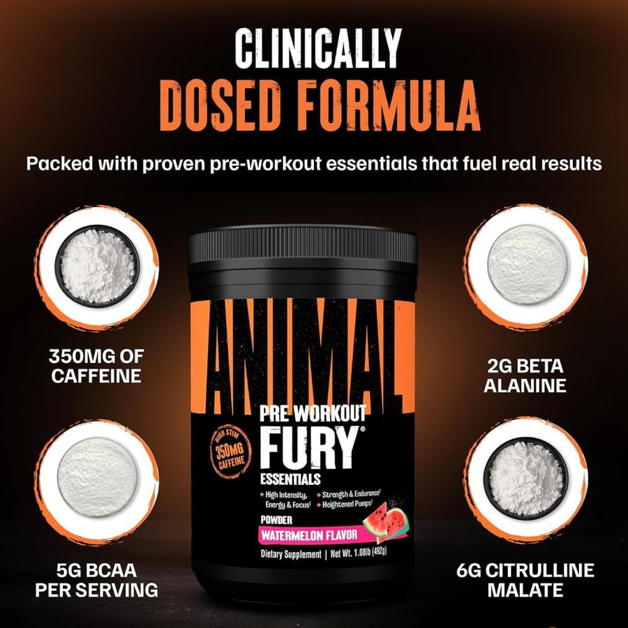 Animal Fury Pre Workout Powder Supplement for Energy and Focus 5g BCAA 350mg Caffeine Nitric Oxide Without Creatine Powerful Stimulant for Bodybuilders, Watermelon, Watermelon, 16.96 Ounce
