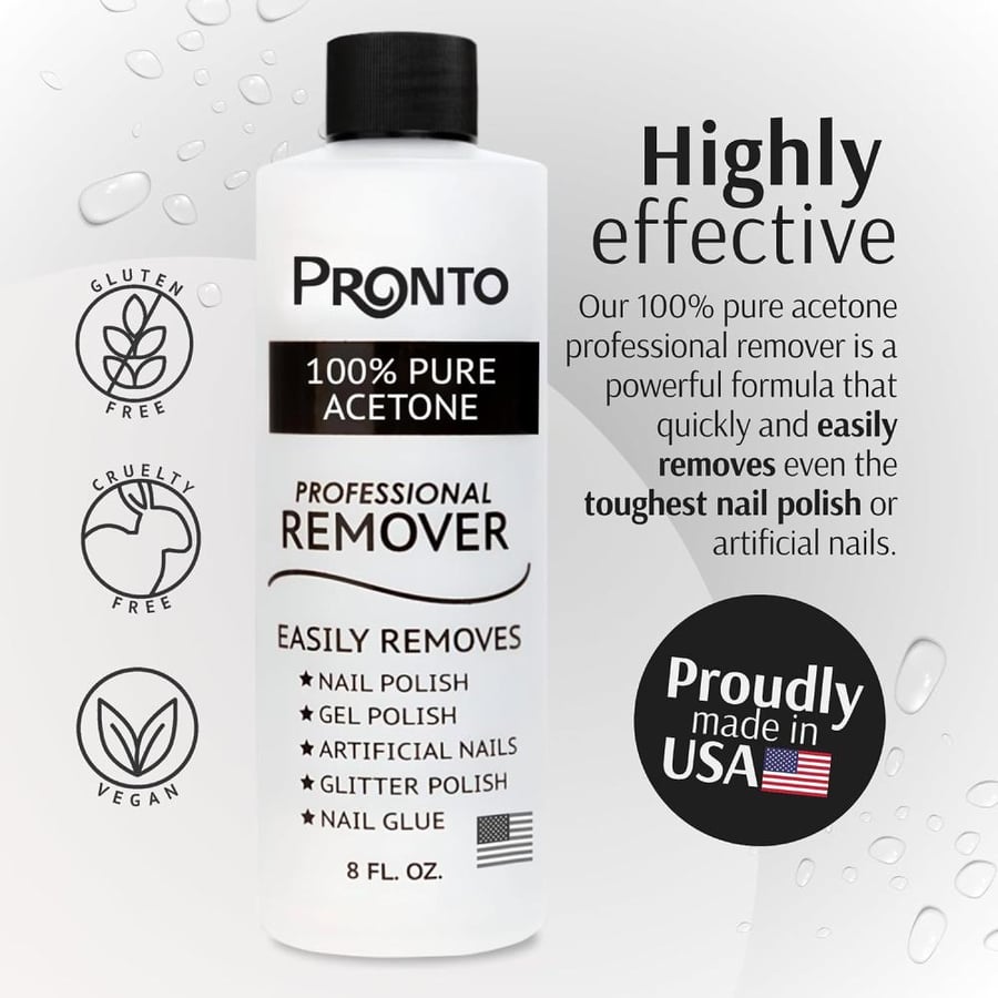 Pronto Pure Acetone - Quick, Professional Nail Polish Remover for Natural, Gel, Acrylic, Sculptured Nails (8oz)