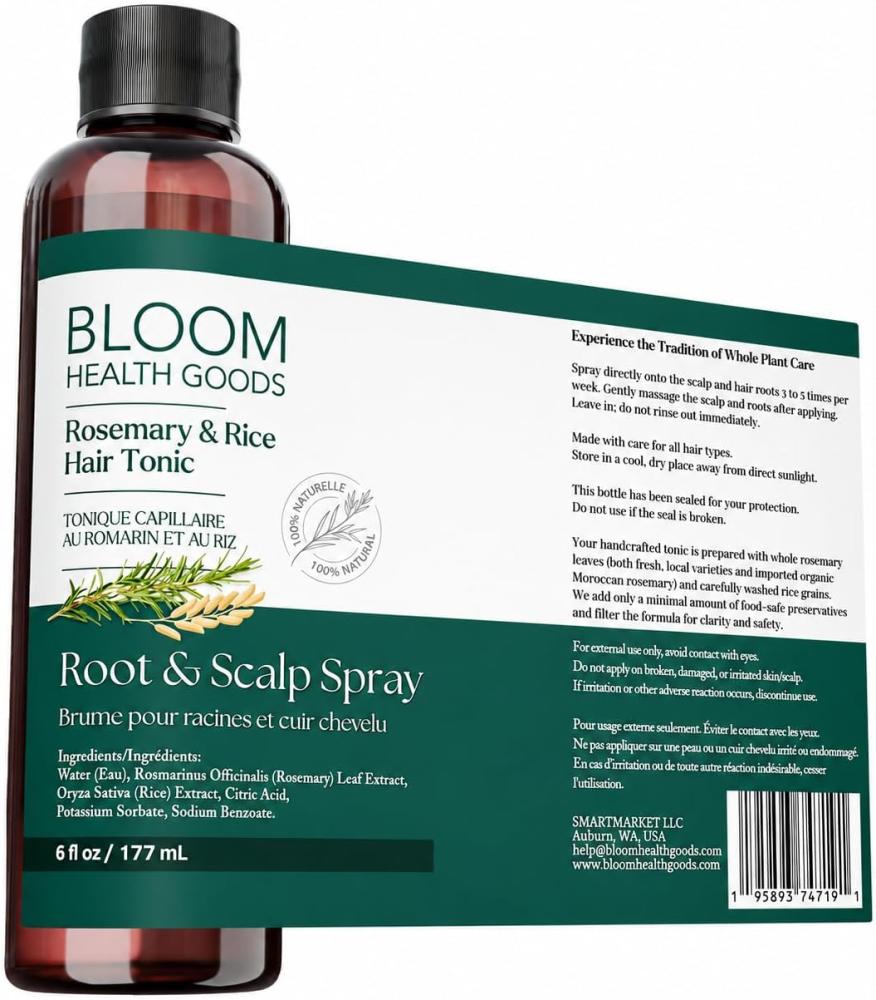 Rosemary & Fermented Rice Water Tonic Growth Spray for Hair Health - Whole Plant Ingredients - 6 Fluid Ounces