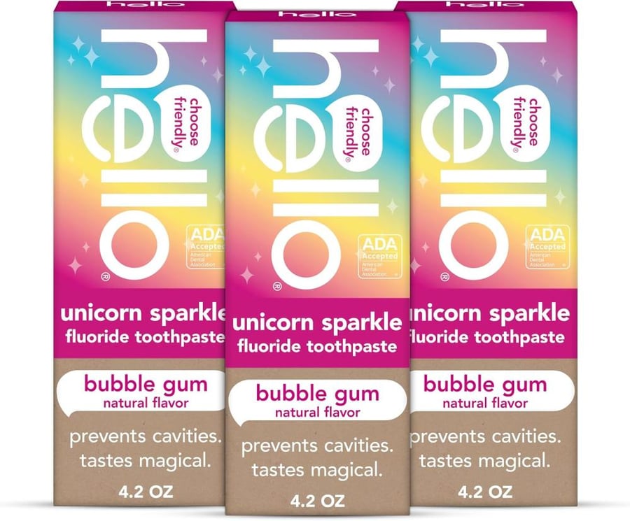 hello Unicorn Sparkle Kids Fluoride Toothpaste, Natural Bubble Gum Flavor, ADA Approved, Ages 2+, No Artificial Sweeteners, No SLS, Gluten Free, Vegan, Pack of 3, 4.2 oz Tubes