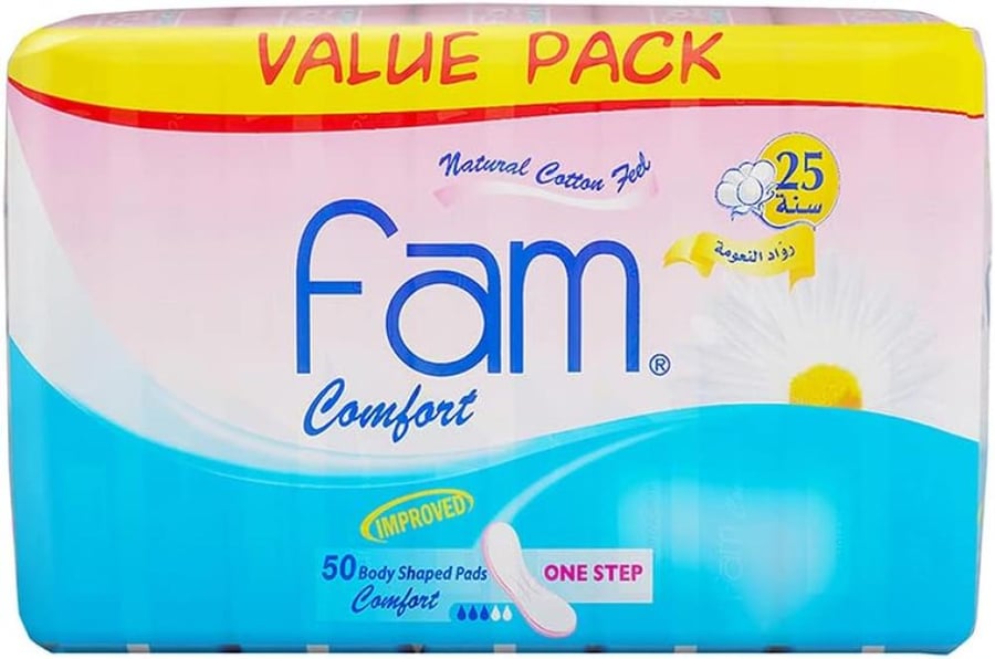 Fam One Step Natural Cotton Feel, Maxi Thick, Non-Wings Super Sanitary Pads,50 Pads