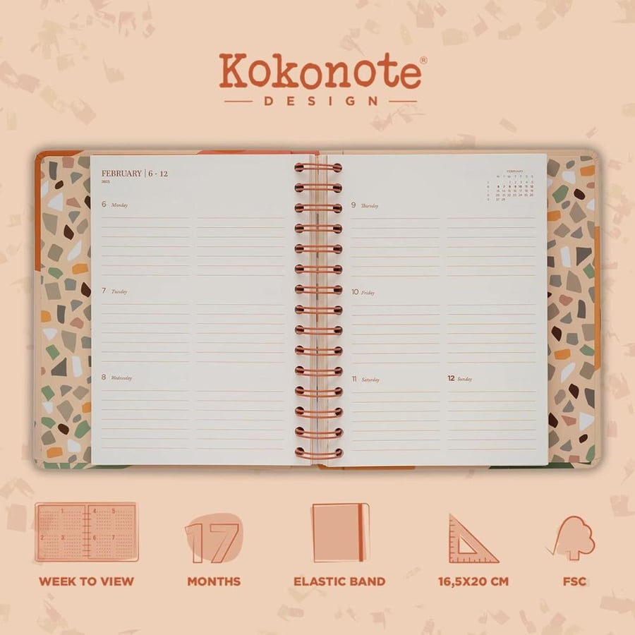Kokonote Terracotta Diary 2023 | 6.3 x 7.8 inches -16.5 x 20 cm | Academic Diary Week To View | With Stickers | Cute Stationery | 2023 Diary