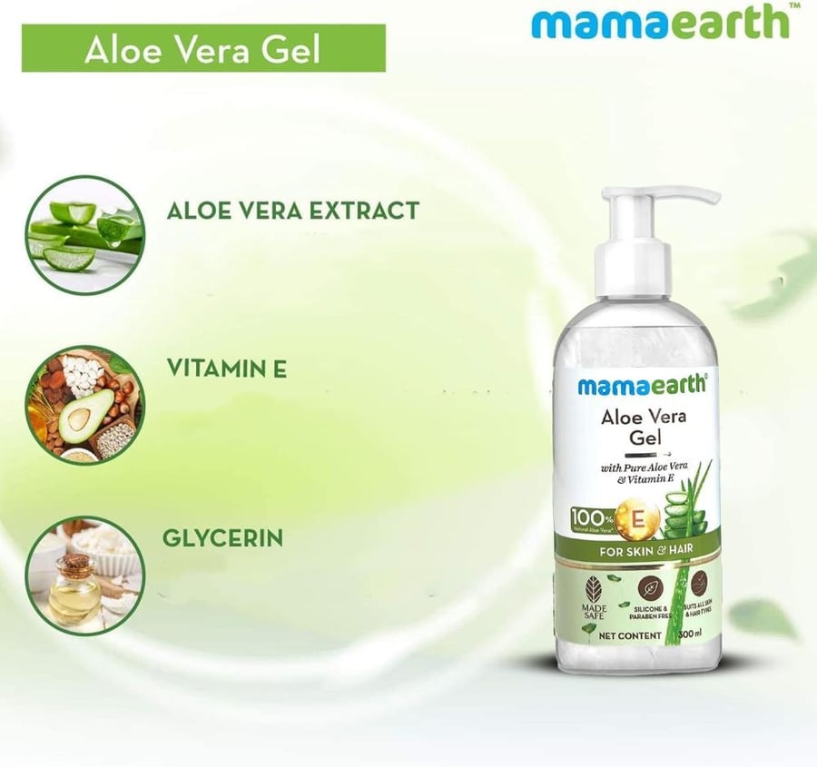Mamaearth Aloe Vera Gel for Face, Skin & Hair with Pure Aloe Vera, Vitamin E & Glycerin | Soothes Irritated Skin, Hydrates, Heals Cuts & Burns | No Parabens, Silicone-Free, For Men & Women 300ml