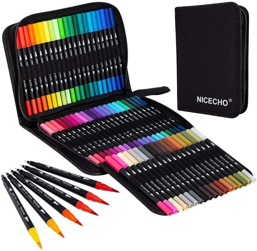 Nicecho Art Markers Dual Brush Pens, 60 Artist Colouring Marker, Fine & Brush Tip Pen Art Supplier for Kids Adult Colouring Book Bullet Journaling Drawing Planner Scrapbooking