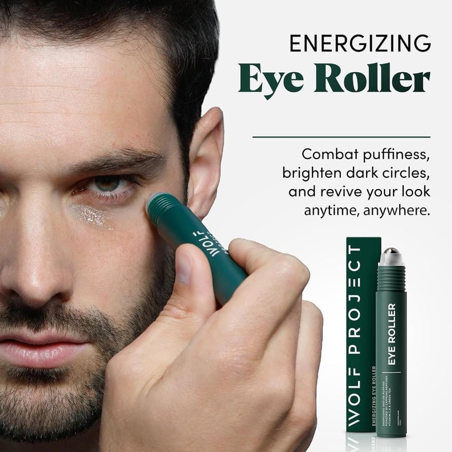 The Wolf Project Under Eye Roller with Caffeine, Vitamin C and Peptides - Energizing Serum for Dark Circles and Puffiness, Fine Lines, Wrinkles - Gel-Based Brightening Cream