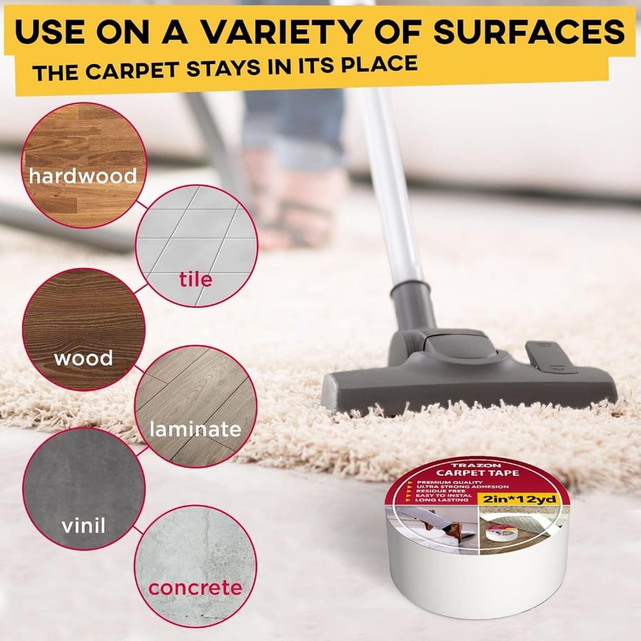Carpet Tape Double Sided - Carpet Tape Grippers for Hardwood Floors & Rugs - Carpet Binding Tape Strong Adhesive & Removable, Robust Stickers Grip Tape, Residue-free (2 Inches/12 m)