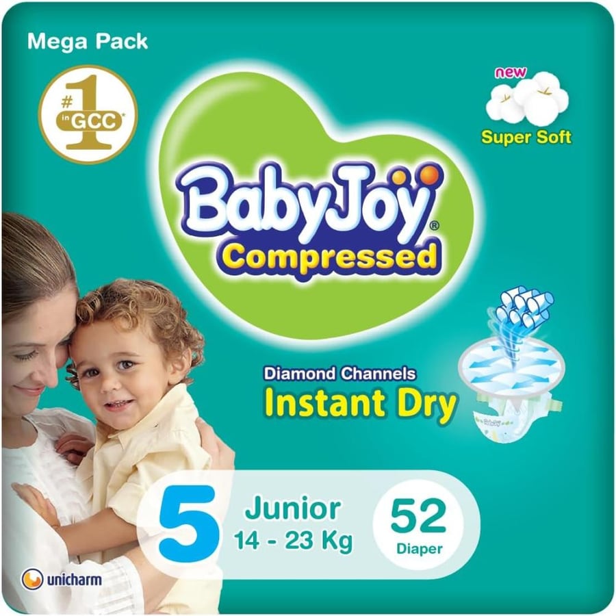 BabyJoy Compressed Diamond Pad, Size 5, Junior, 14-25 kg, Mega Pack, 52 Diapers