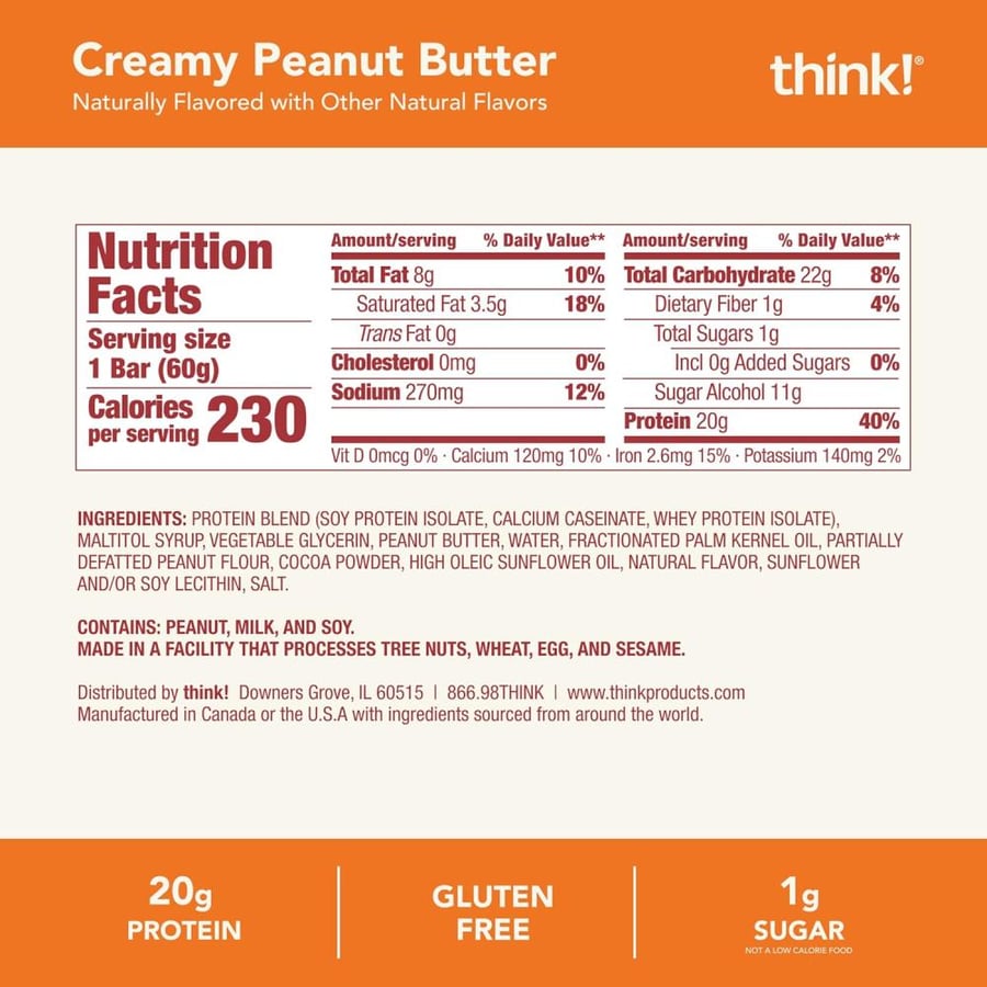 Think! Protein Bars, High Protein Snacks, Gluten Free, Sugar Free Energy Bar with Whey Protein Isolate, Creamy Peanut Butter, Nutrition Bars without Artificial Sweeteners, 2.1 Oz (12 Count)