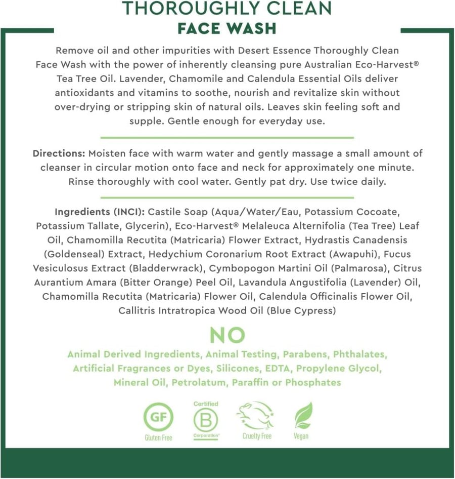 Desert Essence Thoroughly Clean Face Wash - Original - 32 Fl Oz - Tea Tree Oil - For Soft Radiant Skin - Gentle Cleanser - Extracts Of Goldenseal, Awapuhi, Chamomile Essential Oils