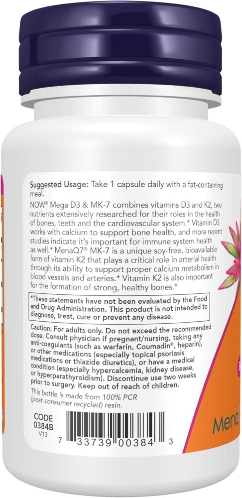 NOW Supplements, Mega D-3 & MK-7 with Vitamins D-3 & K-2, 5,000 IU/180 mcg, Bone & Cardiovascular Support*, 60 Veg Capsules
