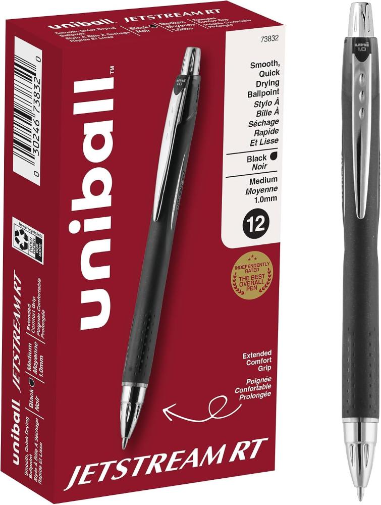 Uni-Ball Jetstream RT 12 Pack, 1.0mm Bold Black, Wirecutter Best Pen, School Pens, Ballpoint Ink Pens - School Supplies, Ballpoint Pen, Colored Pens, Smooth Writing Pens