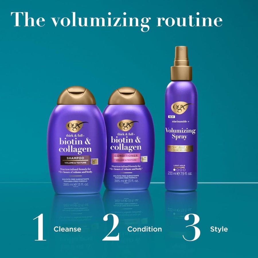 OGX Thick, Full Biotin and Collagen Shampoo, 385ml, volumizing formula for fuller and thicker looking hair, gentle and pH balanced, helps strengthen hair and add body and shine