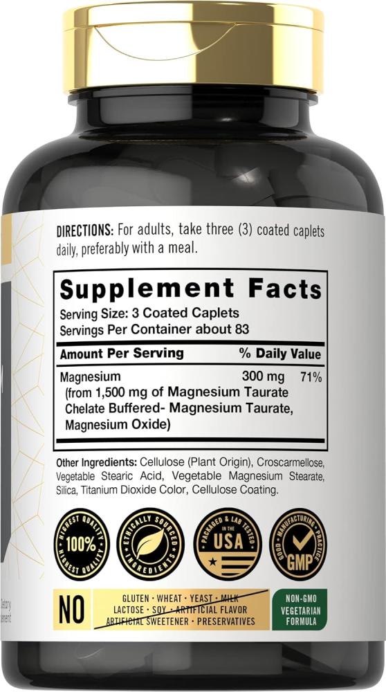 Magnesium Taurate 1500mg | 250 Caplets | Vegetarian, Non-GMO, Gluten Free Supplement | by Carlyle
