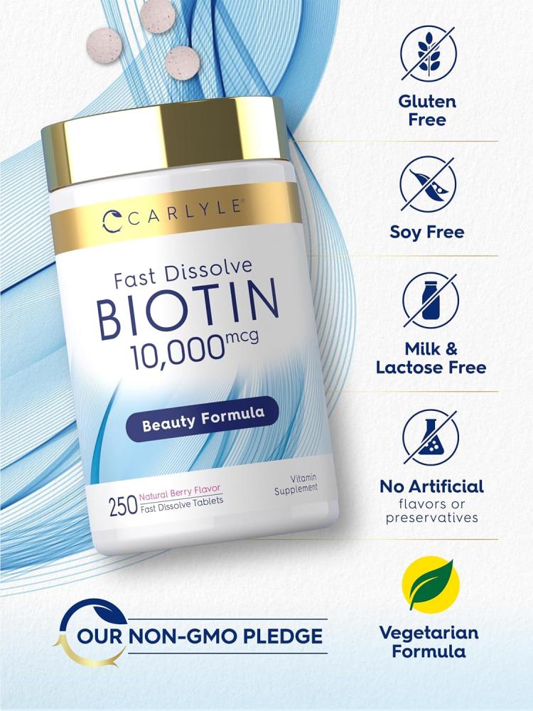 Carlyle Biotin 10000mcg | 250 Fast Dissolve Tablets | Max Strength | Vegetarian, Non-GMO, Gluten Free Supplement
