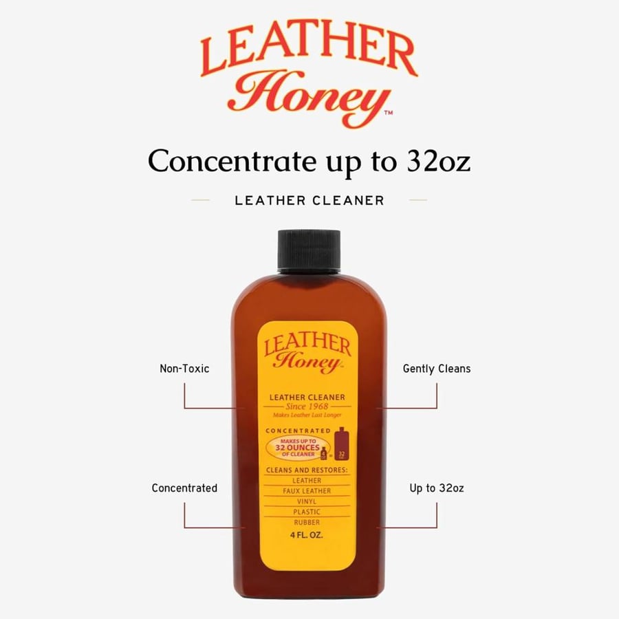 Leather Honey Leather Cleaner - Quality Leather Care, Made in the USA Since 1968 - Leather Cleaner for Auto Interiors, Furniture, Tack, Shoes, Bags & Apparel - 4oz Concentrated - 32oz Diluted