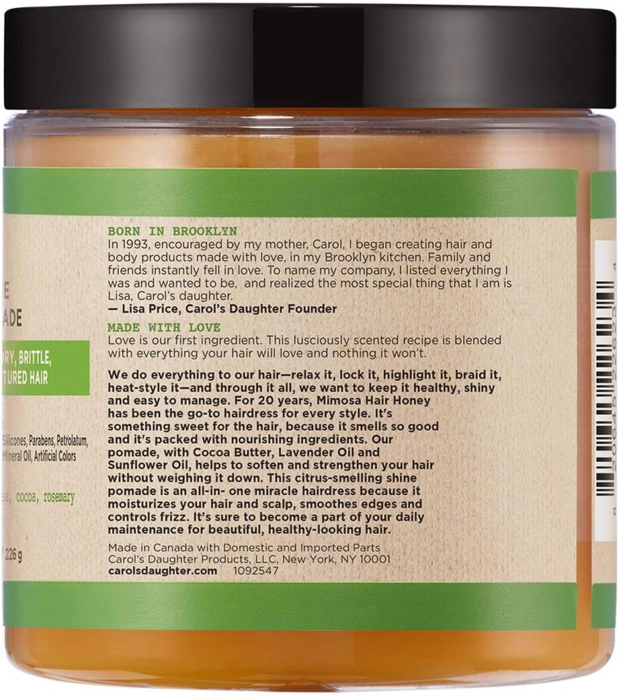 Carol's Daughter Mimosa Hair Honey Shine Pomade For Curly, Damaged, Natural Hair - Hair Gel Moisturizer with Shea Butter, Rosemary, & Cocoa Butter to Help Edge Control, Styling, & Dry Scalp - 8 fl oz