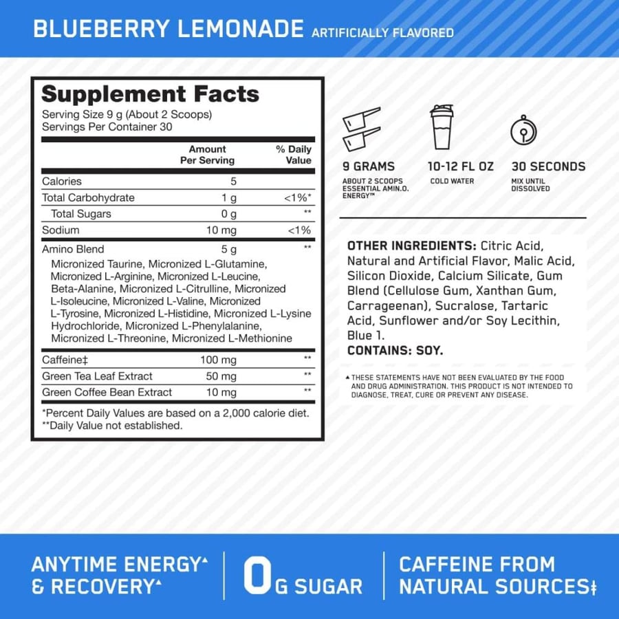 Optimum Nutrition Amino Energy - Pre Workout with Green Tea, BCAA, Amino Acids, Keto Friendly, Green Coffee Extract, Energy Powder - Blueberry Lemonade, 30 Servings (Packaging May Vary)