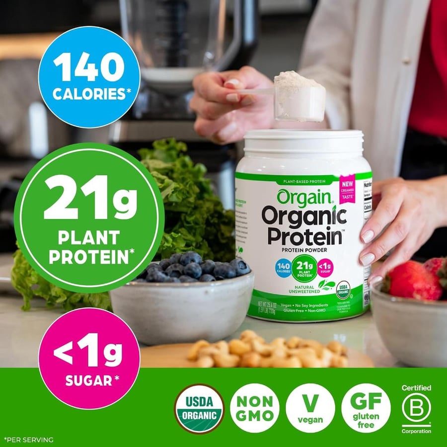 Orgain Organic Plant Based Protein Powder (Natural Unsweetened, Vegan,1.59lbs /720g)