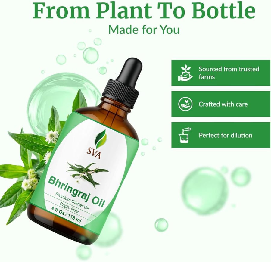 SVA Organics Bhringraj Oil (118 ml, 4 OZ)- GUARANTEED 100% Pure & Natural, Authentic and Premium Therapeutic Grade Oil - Best for Hair Nourishment, Hair Growth & Skin Care