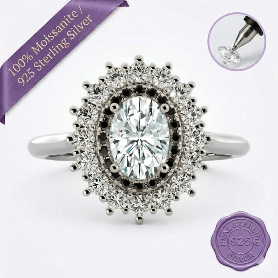 Oval White & Black Moissanite – Silver