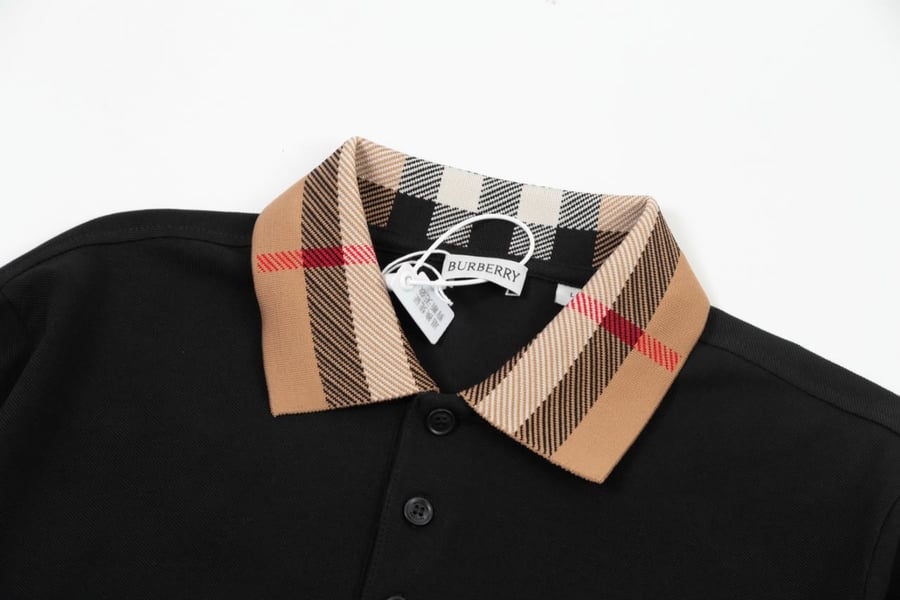 بولو رجالي أسود طويل الأكمام بياقة كاروهات بربري – Burberry Style Polo