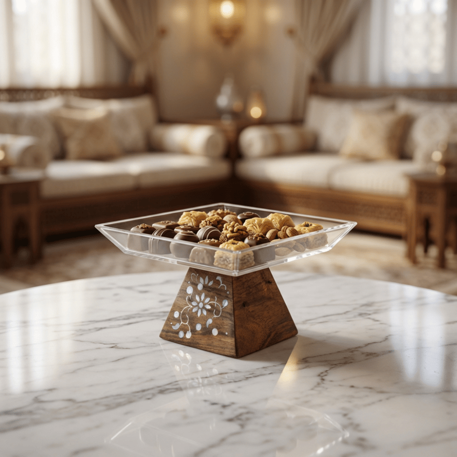 استاند اكريلك مربع بقاعدة خشب مزخرف
