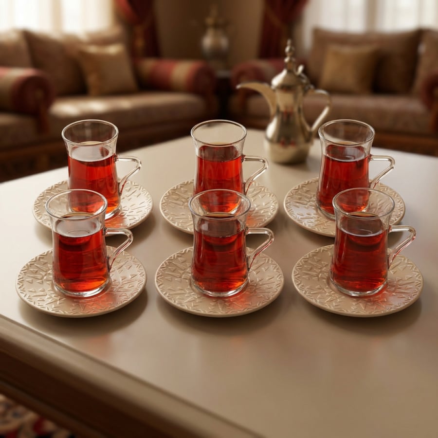 طقم بيالات شاي زجاج وصحون سيراميك 12ح نجدي
