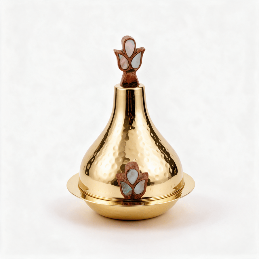 تمرية استيل هندى ذهبى بغطاء وماسك خشب وصدف