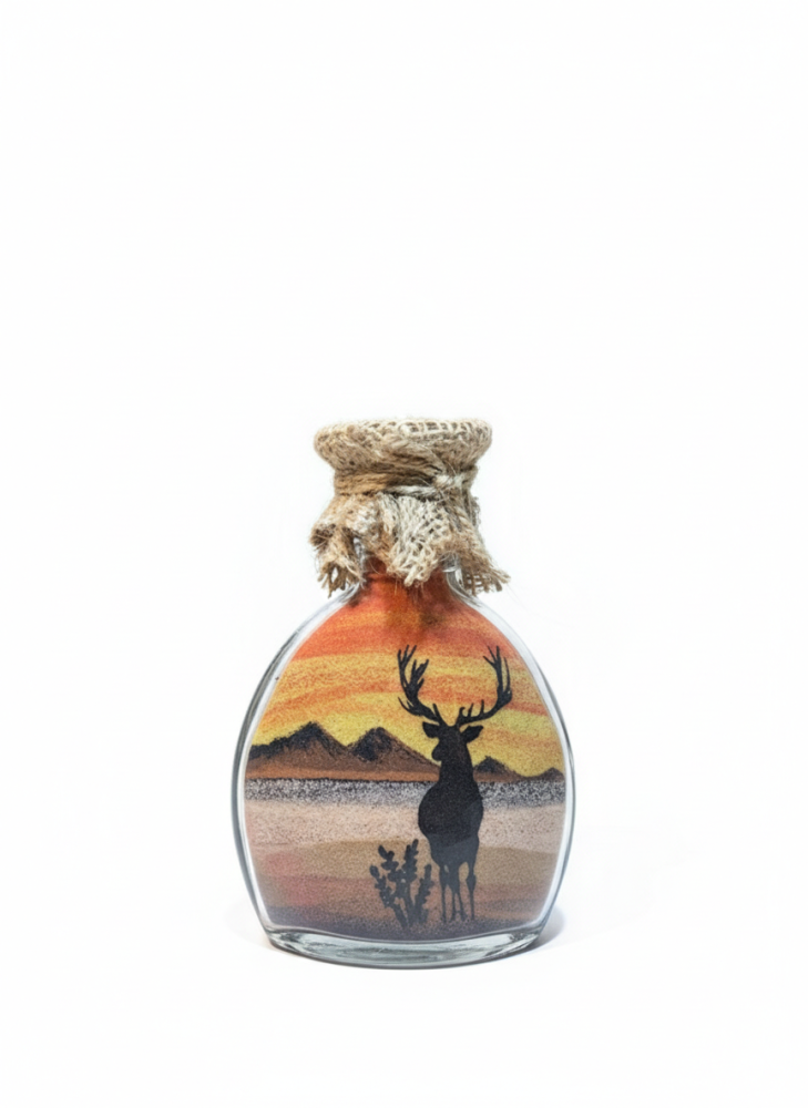Bottle of "Wild Spirit" – Sand painting of the mountain deer.
