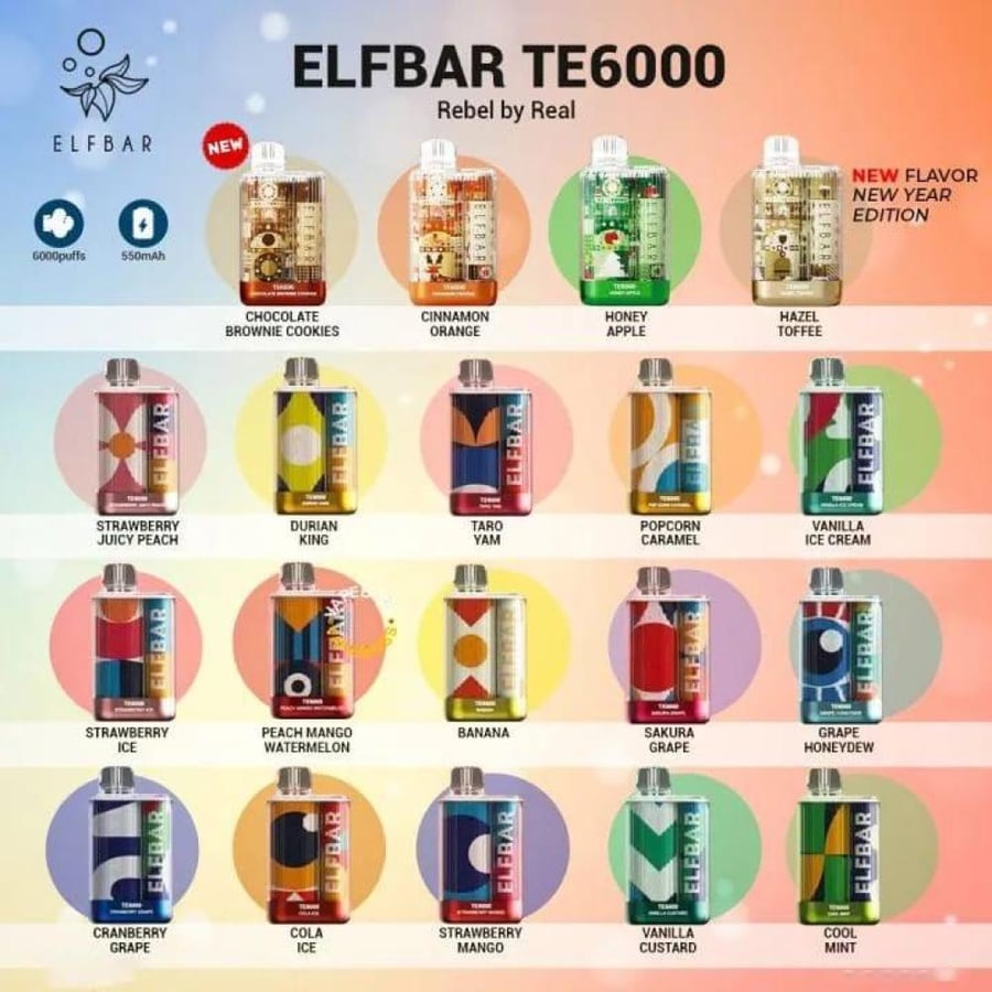 سحبة الف بار 6000 سحبة مكس خوخ وتفاح Elf Bar 6000 PUFFS Disposable Vap