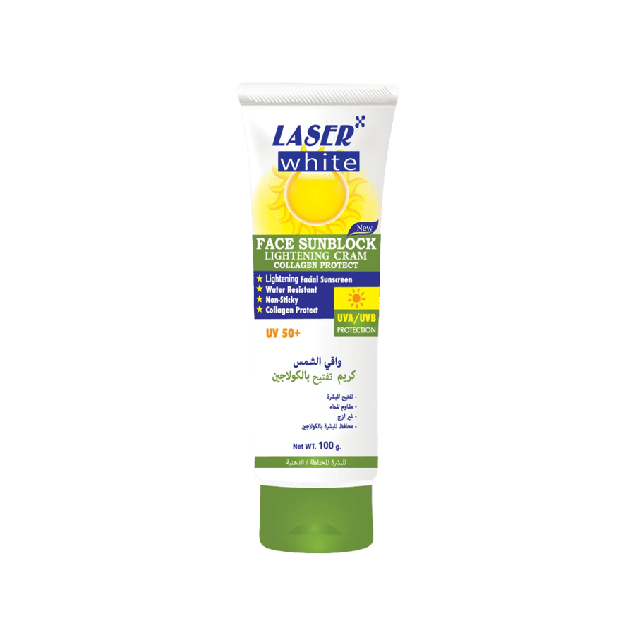 واقي شمس ليزر وايت للوجه مع كريم 100 مل، حماية من الأشعة فوق البنفسجية 50+-LASER WHITE FACE SUNBLOCK W/CREAM UV50+ 100 GM