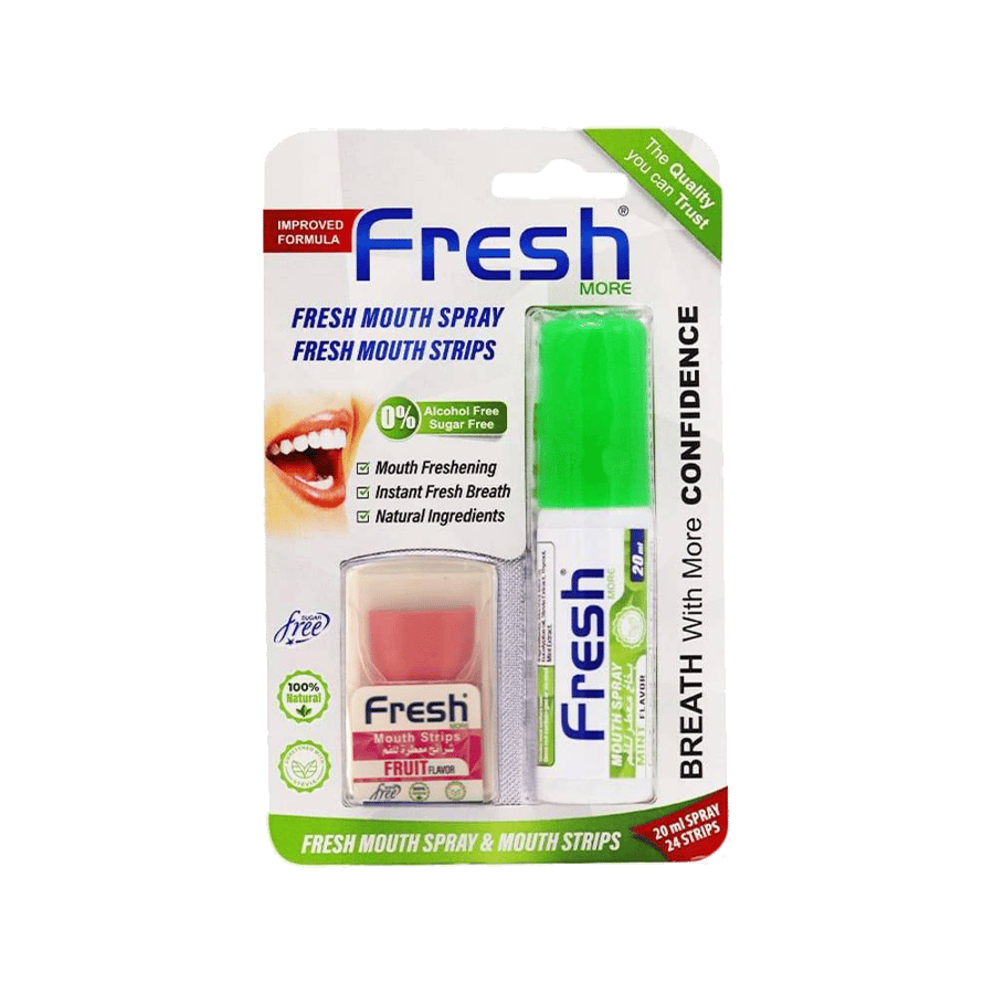 بخاخ معطر للفم، نعناع منعش - 20 مل + 24 شرائح-FRESH MOUTH SPRAY MINT 20 ML+24 STRIPS