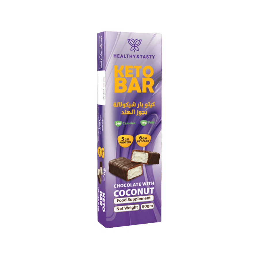 كيتو بار شيكولاتة جوز الهند 60 جرام من هيلثي اند تيستي-HEALTHY & TASTY KETO BAR CHOCOLATE W/COCONUT 60 GM