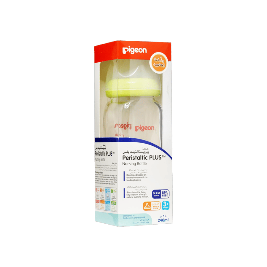 بيجون رضاعة بريستالتيك بلس زجاج 240 مللي مقاس ميديم (+3 شهور) عنق واسع-PIGEON PERISTALTIC PLUS GLASS BOTTLE 240ML