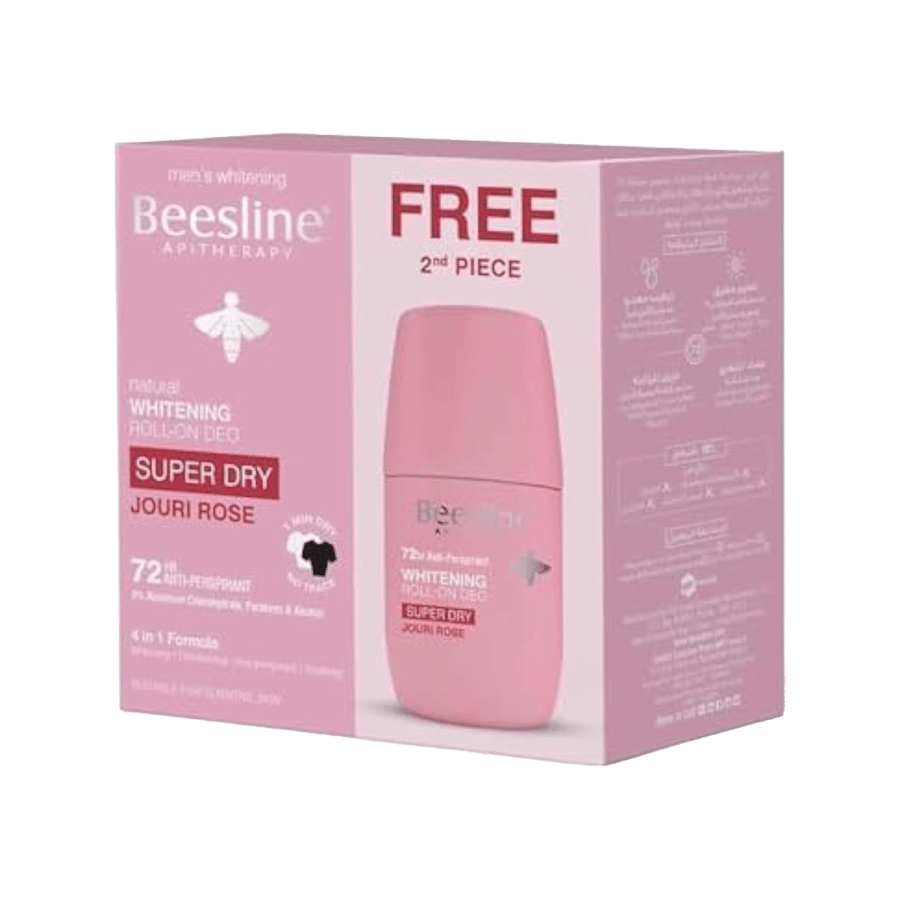 بيزلين رول اون مزيل الرائحة الطبيعي لتفتيح البشرة ورد جوري 1+1 -BEESLINE N/WHITENING ROLL-ON SUPER DRY JOURI ROSE 1+1