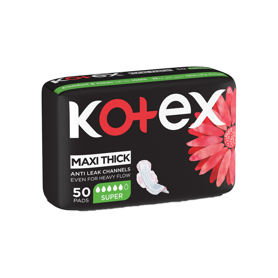 كوتيكس ماكسي سوبر حفاض نسائي بالاجنحه 50  حبة-KOTEX MAXI SUPER W/W 50 PADS