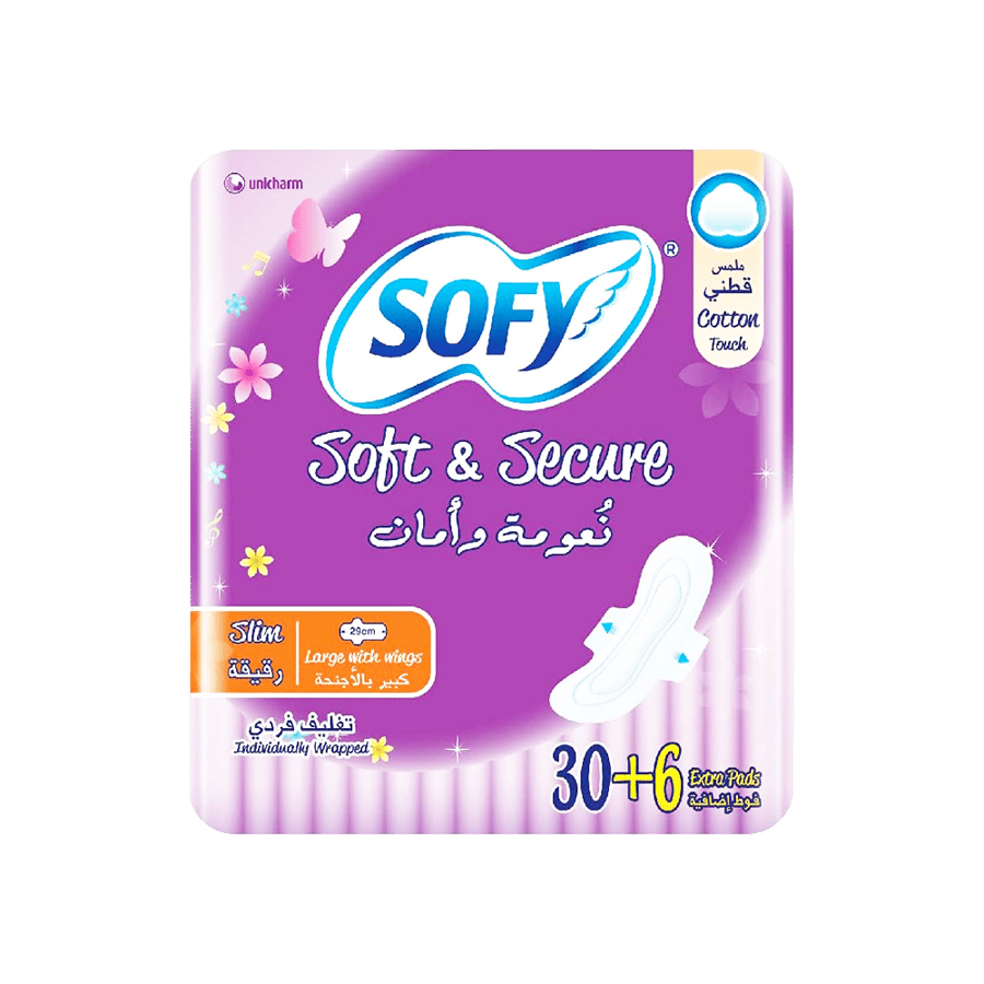 سوفي سوفت سليم فوط صحية نسائية  كبير30+6 حبة-SOFY SOFT & SECURE SLIM LARGE 30+6