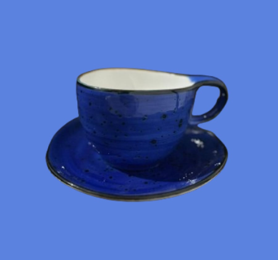 كوب سيراميك ازرق فاخر مع صحن منقط 90 مل CERAMIC BLUE